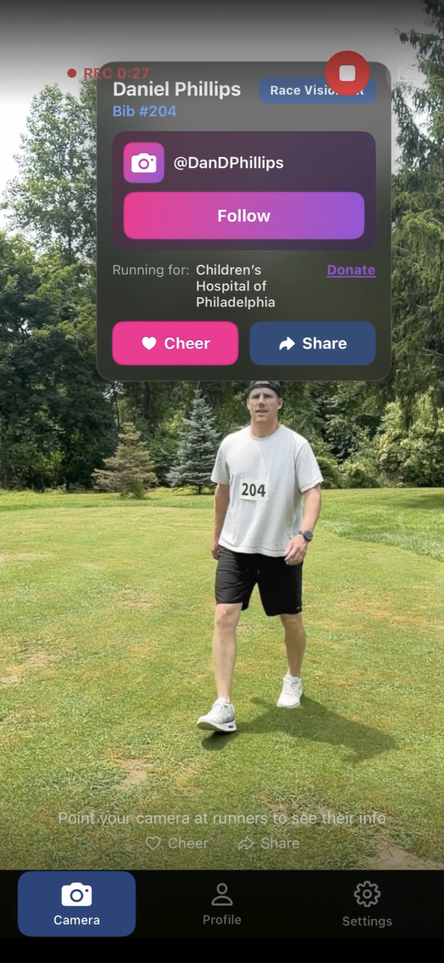 AR camera view with athlete information overlay
