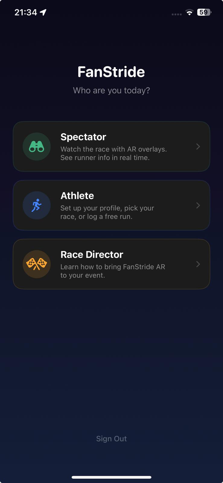 Choose your role - Fan, Runner, or Race Director